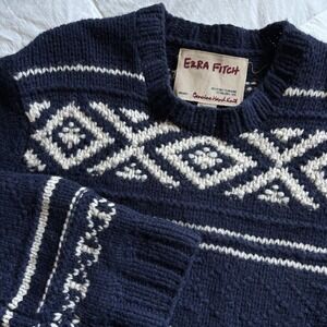 Vtg Ezra Fitch Genuine Hand Knit 100% Lambswool Sweater Men L Navy Fair Isle EUC
